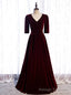 V Neck Short Sleeve Velvet Long Burgundy Prom Dress