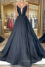 V Neck Strapless Black Satin Long Prom Dresses, Strapless Black Formal Dresses, Long Black Evening Dresses