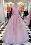 V-Neck Tulle Ball Gown Long Prom Dress With Appliques And Beading,Prom Dresses,Pageant Dress,Evening Dress,Ball Dance Dresses,Graduation School Party Gown