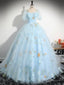 V Neck Tulle Lace Blue Long Prom Dress, A Line Blue Lace Long Sweet 16 Dress