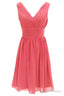 V Neck Watermelon Chiffon Short Bridesmaid Dress