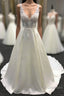V neck White A Line Lace appliques Princess Wedding Dresses