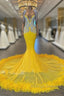V Neck Yellow Feather Trumpet Mermaid Prom Dresses