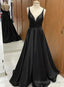 V Neck line Black Long Satin A Line Prom Dresses, V Neck Black Formal Dresses Prom Dresses