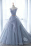 Blue Tulle Lace Long Prom Dress, A Line Strapless Prom Gowns