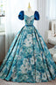 Blue Printed Long A Line Prom Dress, Elegant Short Sleeve Formal Dress