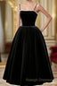 Velvet Tea Length Pearls Straps Formal Dress, Velvet Wedding Party Dress