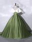White+Green Satin Floor Length Prom Dress, V-Neck Off the Shoulder Evening Dress