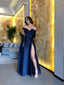 Vintage A-Line Navy Blue Long Senior Satin Slit Prom Dresses Prom Dresses