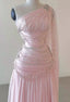 Vintage A-Line One Shoulder Pink Chiffon Floor Length Prom Dress Beads Prom Dresses
