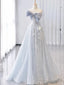 Vintage A Line Strapless Light Sky Blue Tulle Long Prom Dresses Party Evening Dress