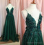 Vintage A-Line Straps Appliques Lace-Up Dark Green Tulle Prom Dress