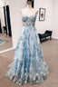 Vintage Blue 3D Floral Lace Sweetheart A-Line Long Prom Dresses