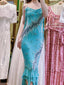 Vintage Blue Mermaid Halter-Neck Ruffled Beaded Chiffon Long Formal Prom Dress