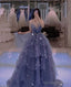 Vintage Blue Tulle Beaded Long Senior Prom Dresses A-Line Blue Prom Dresses