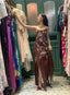 Vintage Brown Irregular Strap Beaded Sequined Formal Prom Dress