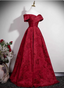 Vintage Burgundy A-Line Off-The-Shoulder Jacquard Satin Long Formal Prom Dress