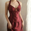 Vintage Burgundy Halter Neck Mermaid Satin Long Formal Prom Dress