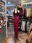 Vintage Burgundy Halter Neck Velvet Satin Long Formal Prom Dress