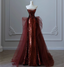 Vintage Burgundy Mermaid Strapless Tulle Sequined Train Formal Prom Dress