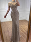 Vintage Champagne Brown Mermaid Stand Collar Shoulder Sleeve Full Diamond Sequin Tulle Long Formal Prom Dress