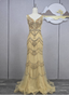 Vintage Champagne Gold Mermaid V-Neck Beaded Embroidered Tulle Long Formal Prom Dress