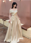 Vintage Champagne Gold Off-The-Shoulder Embroidered Satin Long Formal Prom Dress