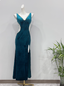 Vintage Deep Peacock Blue Mermaid V-Neck Pearl Slit Velvet Long Formal Prom Dress