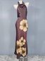 Vintage Elegant Dark Brown Printed Halter Neck Open Back Satin Long Formal Prom Dress