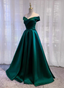 Vintage Emerald Green A-Line Off-The-Shoulder Satin Long Formal Prom Dress