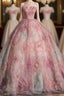 Vintage Fashion Ball Gown Strapless Pink Floral Floor Length Prom Dresses