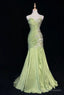 Vintage Green Mermaid Spaghetti Strap Satin Beaded Sequin Long Prom Dress Sweetheart Neck Evening Dress