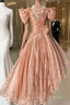 Vintage High Low Short Sleeves Flowers Prom Dresses