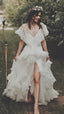 Vintage Lace Ruffle Prom Dresses White Wedding Dress With Slit