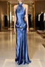 Vintage Mermaid Halter Neck Blue Satin Backless Prom Gown Fairy Prom Dresses