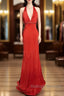 Vintage Mermaid Halter Satin Red Prom Gown Fairy Prom Dress