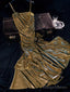 Vintage Mermaid Spaghetti Straps Long Gold Sequin Prom Dress Birthday Outfits With Flowers
