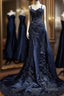 Vintage Mermaid Spaghetti Straps Navy Blue Satin Long Prom Dresses Party Dress