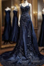 Vintage Mermaid Spaghetti Straps Navy Blue Satin Prom Dress Long Prom Dresses