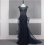 Vintage Navy Blue Mermaid Crew Neck Beaded Tulle Train Formal Prom Dress