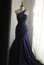 Vintage Navy Blue Mermaid One-Shoulder Satin Long Formal Prom Dress