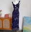 Vintage Navy Blue Spaghetti Strap Printed Lace Tulle Long Formal Prom Dress
