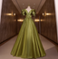 Vintage Olive Green Deep V-Neck Puff Sleeve Satin Long Formal Prom Dress