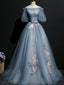 Vintage Princess Off Shoulder Half Sleeve Dusty Blue Appliques Ball Gown Formal Prom Dress