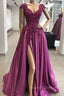 Vintage Prom Dresses 90S, A-line/Princess V Neck Sleeveless Long/Floor-Length Satin Prom Dress with Appliqued Beading Split