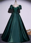 Vintage Royal Emerald Green Crew Neck A-Line Embroidered Satin Long Formal Prom Dress