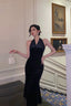 Vintage Sheath V Neckline Black Velvet Long Prom Dresses Evening Gowns
