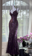 Vintage V Neck Dark Purple Chiffon Sequin Mermaid Long Prom Gowns Prom Dresses