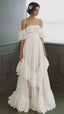 Vintage White Off The Shoulder Dots Ruffle Prom Dress