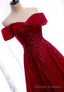 Burgundy Lace Long Prom Dresses, A Line Off the Shoulder Prom Dresses